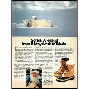 1984 Sorels Winter Boots Vintage Print Ad Polar Bear Cub Snow Kaufman Wall Art